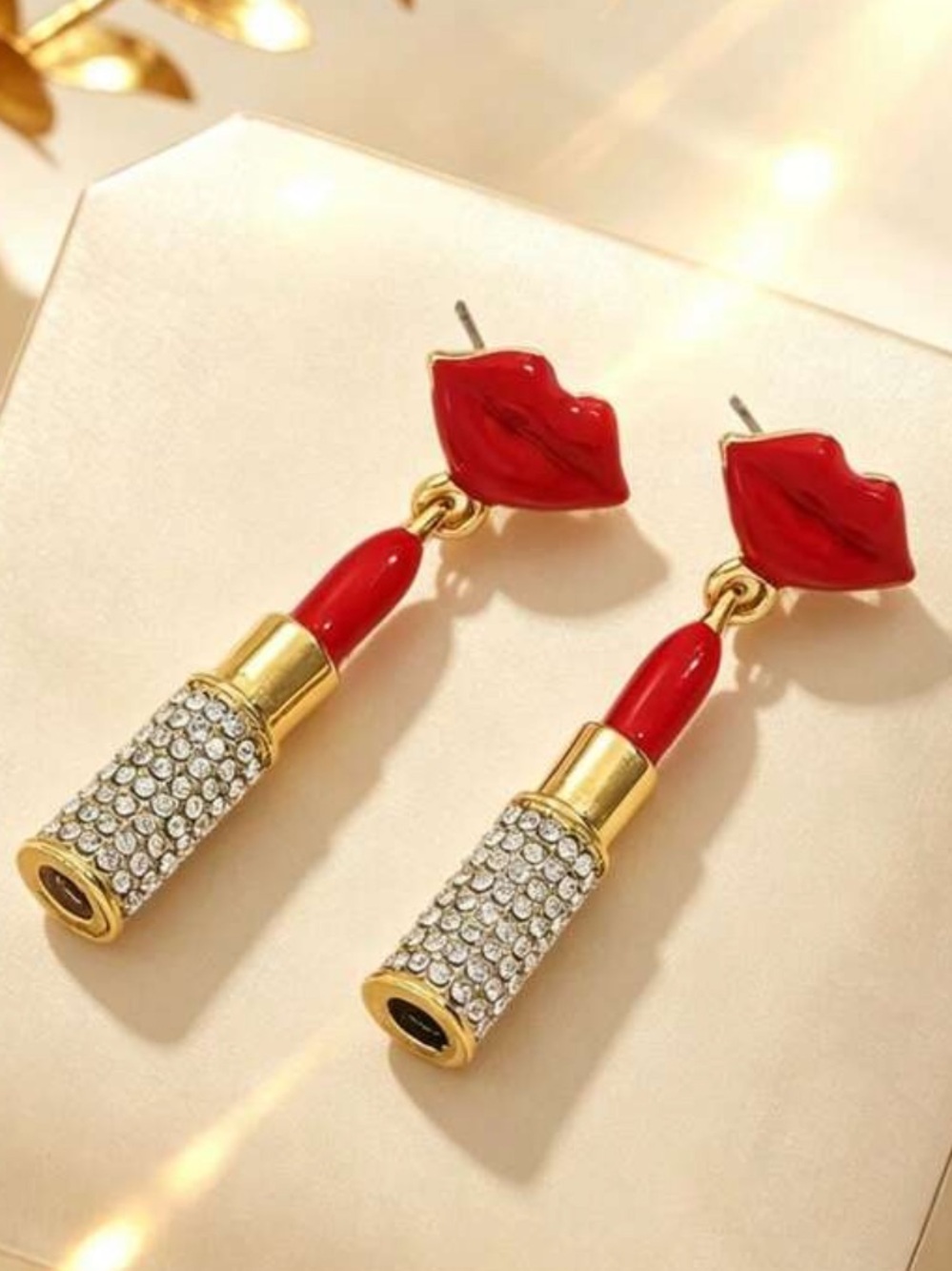 Red Lipstick & Lips Rhinestone Dangle Earrings with Gold Tone